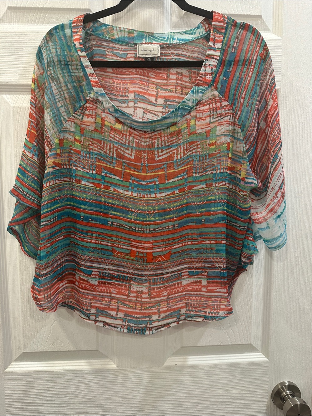 About a girl... Womens Multi Color Abstract Geometric Top Size XL Sheer Cover